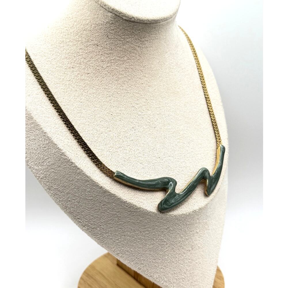 Teal Wave Pendant Necklace – Gold Tone Chain - Picture 2 of 5